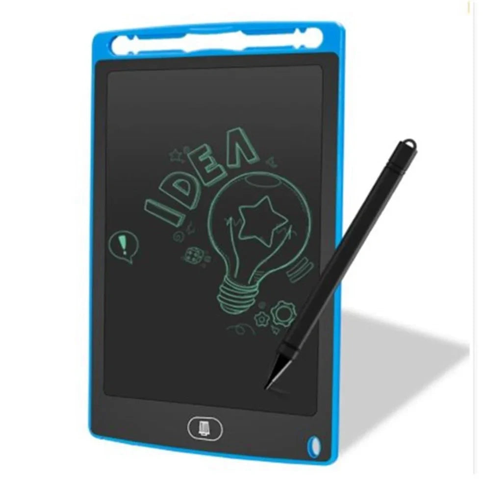 8.5-inch LCD writing board with stylus showing pressure-sensitive writing on blue background