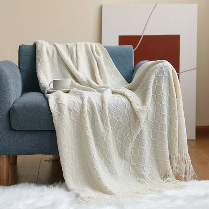 Nordic knitted sofa blanket in beige, yellow, khaki, grey, blue, or pink measuring 127x152cm or 130x200cm