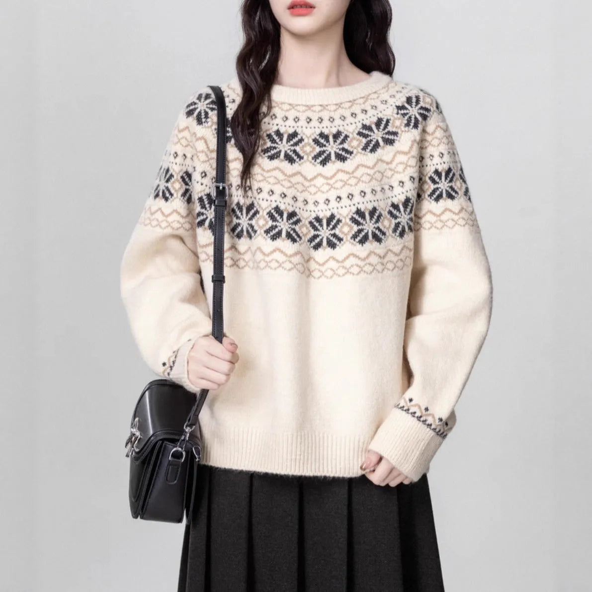 Women's vintage Fair Isle crew neck pullover sweater with geometric pattern in Milky White
