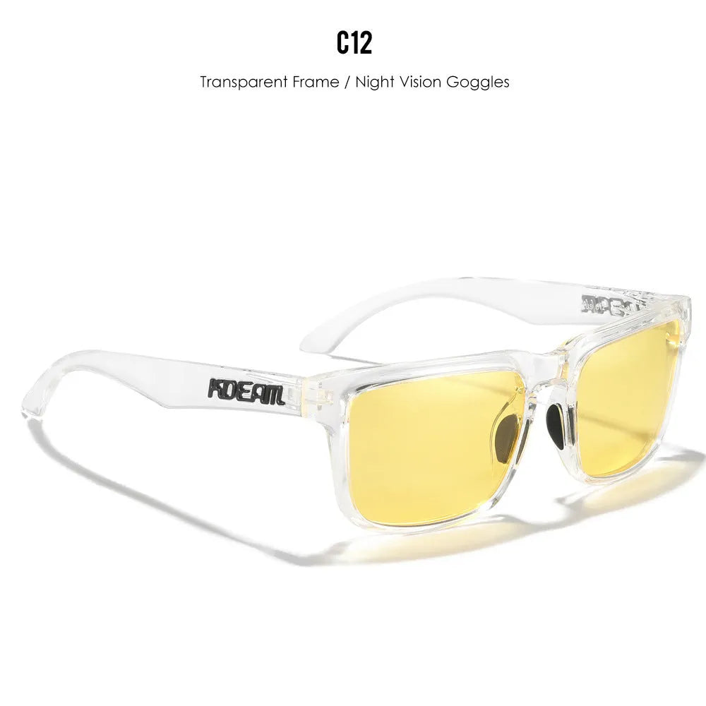 Square polarised sunglasses with TAC lenses and a PC frame, shown in one of 12 available colour options.