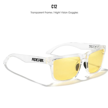Square polarised sunglasses with TAC lenses and a PC frame, shown in one of 12 available colour options.