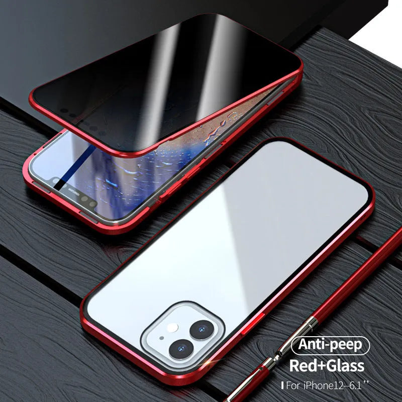 Magnetic privacy glass iPhone case showing anti-spy screen protection and metal frame with colour options