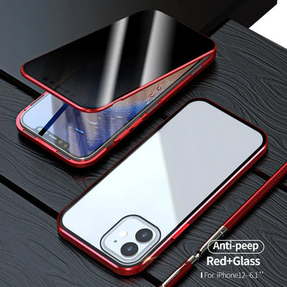 Magnetic privacy glass iPhone case showing anti-spy screen protection and metal frame with colour options
