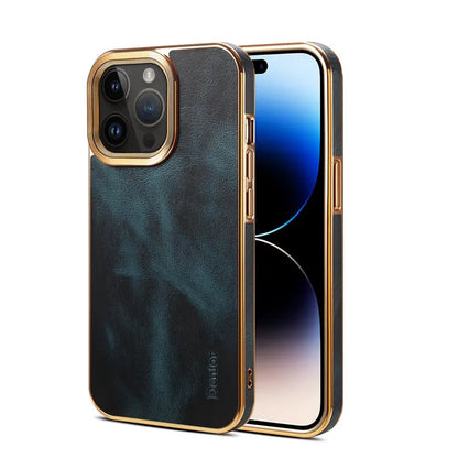 Leather phone case in vintage oil wax leather, handmade for iPhone 12 to 15 Ultra models, showing slim design and 360-degree protection.