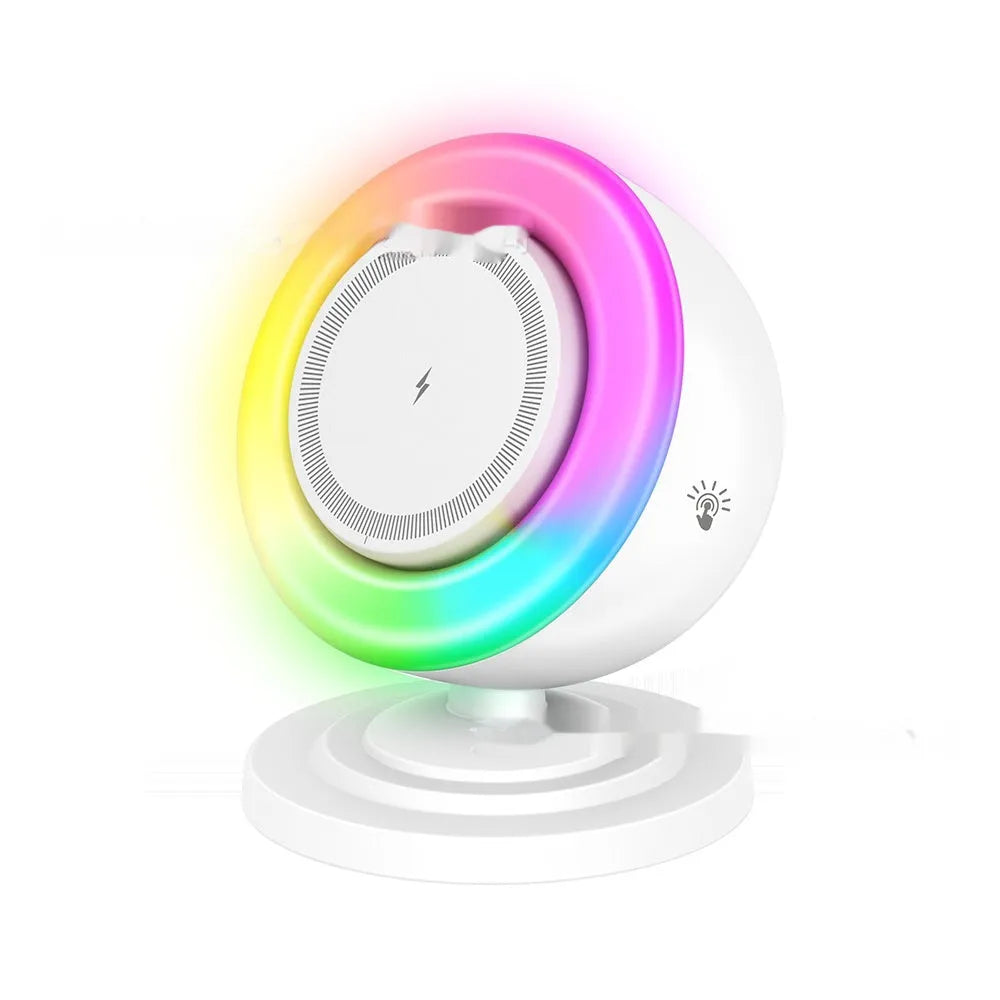 Three-in-one wireless charger with Bluetooth audio and coloured lights, 15W, in black or white