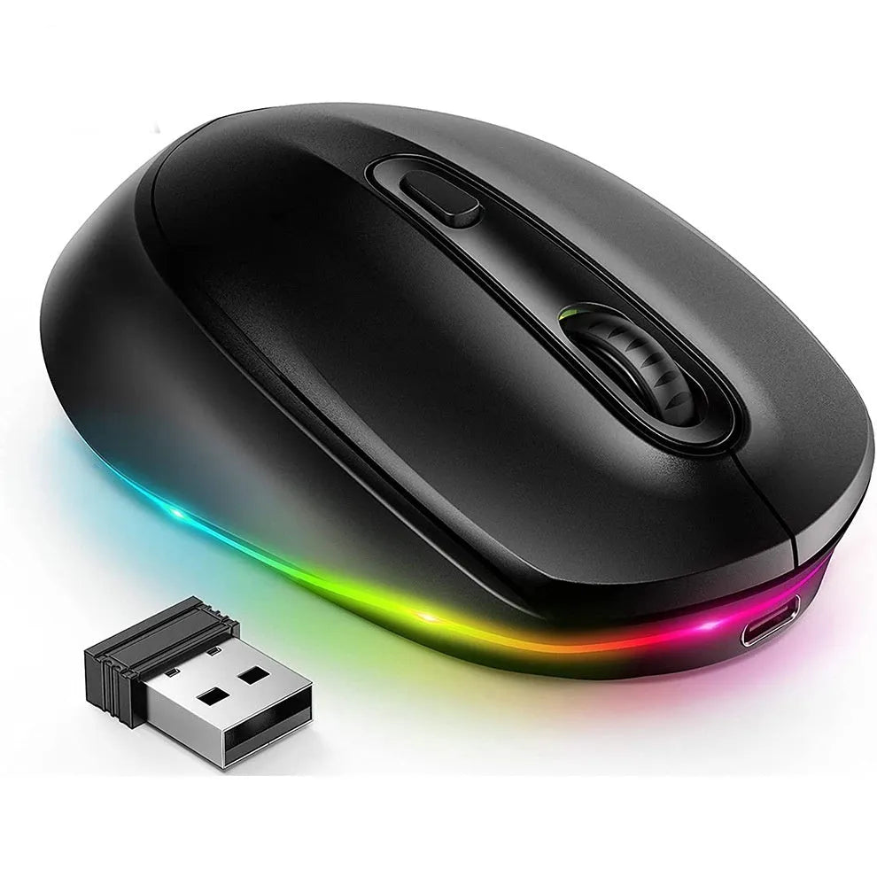 Wireless ergonomic mouse in multiple colours showing compact design with USB charging cable