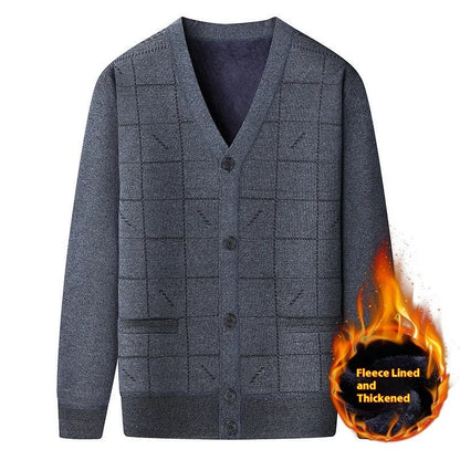 A plus size men's grey cardigan with batwing sleeves and a fleece lining, shown on a hanger.