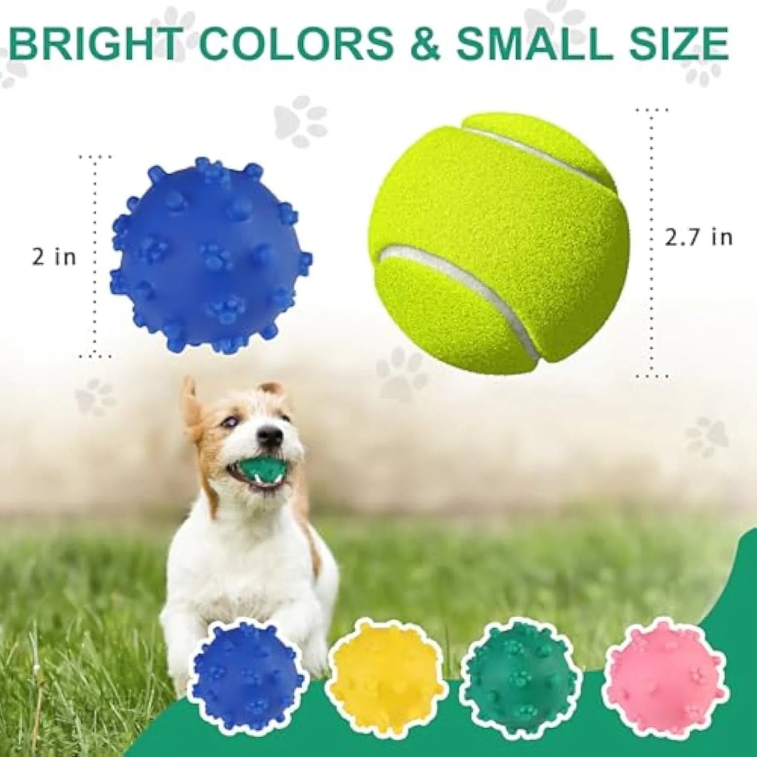 Four colourful spiky dog balls with paw print dimples, measuring 2 inches diameter for small breed dogs