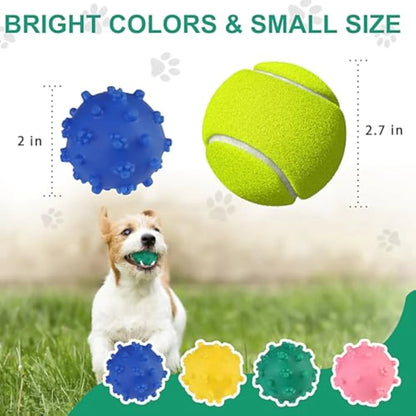 Four colourful spiky dog balls with paw print dimples, measuring 2 inches diameter for small breed dogs