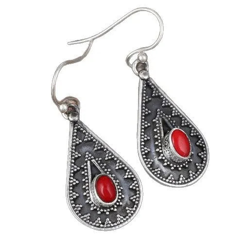 Silver drop earrings with red pine gemstone decorations in European and American national style