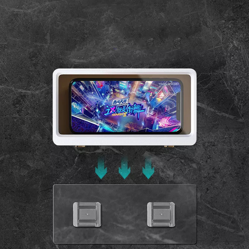 Waterproof wall-mounted phone stand in white and blue, no drilling required