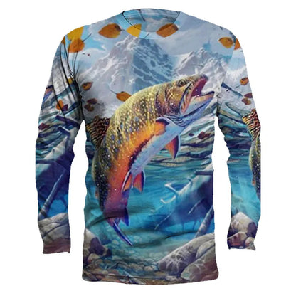 Men's grey pullover top with a colourful printed fish design on the front, showcasing long sleeves and a round neck.