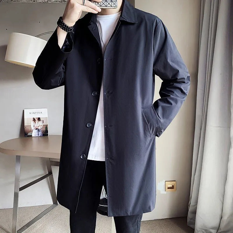 Men's khaki loose fit mid-length rabbit fur trench coat on hanger
