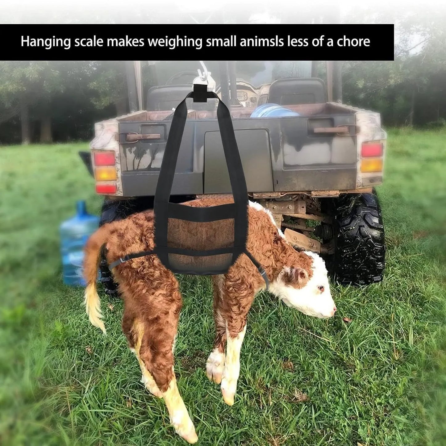 Black ripstop nylon animal weighing sling with adjustable handles for calves and large dogs