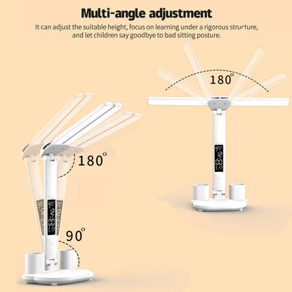 White LED desk lamp with calendar display, touch controls, and integrated pen holder on wooden desk
