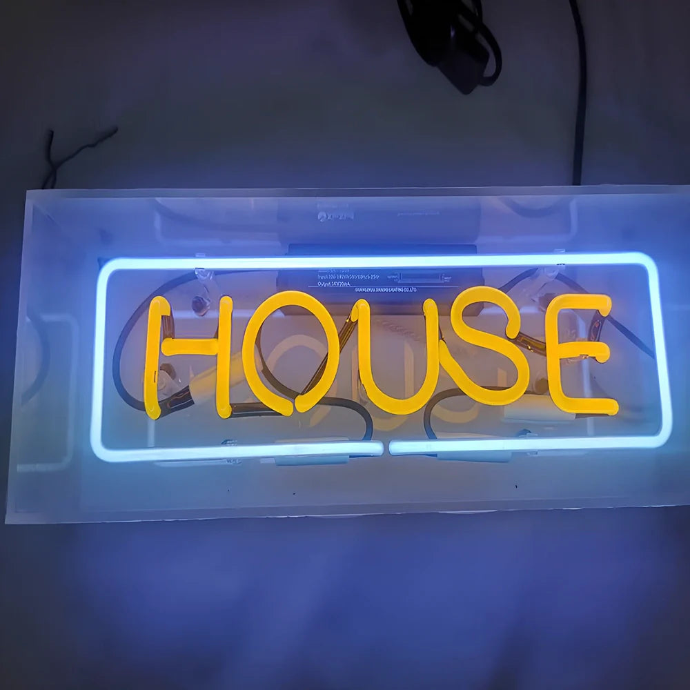 Custom neon sign light box with acrylic shell and manually bent tubes in multiple colour options