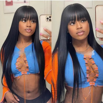 Natural colour human hair wig with straight fringe on full-mechanism headgear, displayed at medium length.
