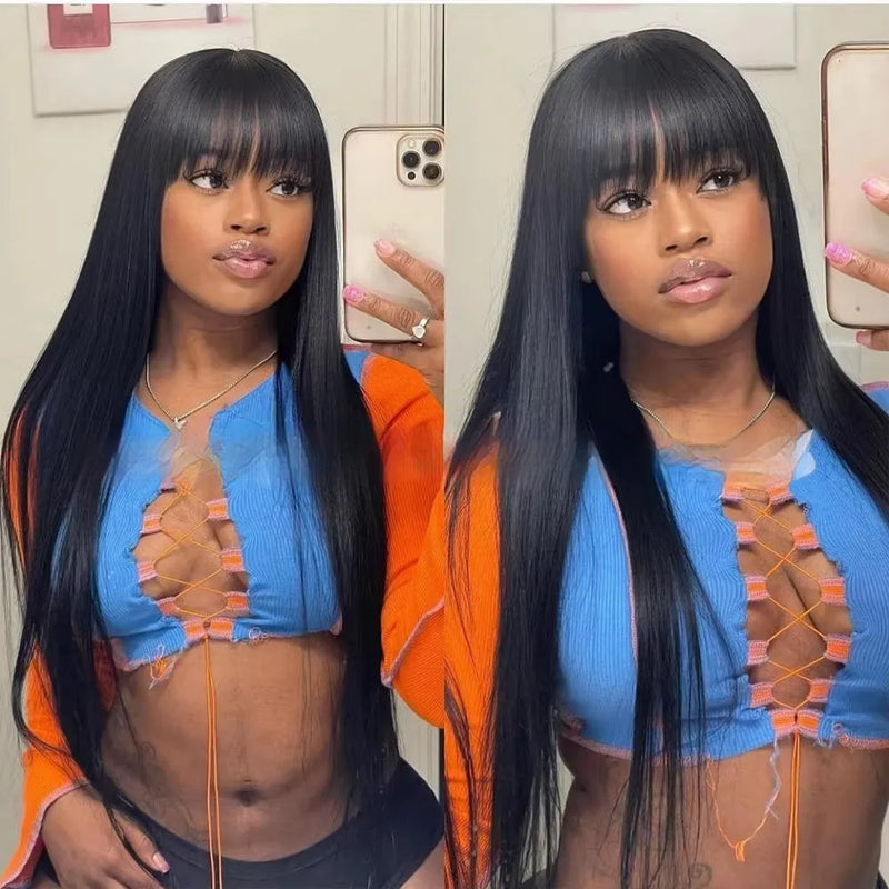 Human hair straight fringe wig with natural colour, full-mechanism headgear construction without lace, available in 8 to 32-inch lengths and two density options (150% or 180%), suitable for hot dyeing and versatile styling for any skin tone.