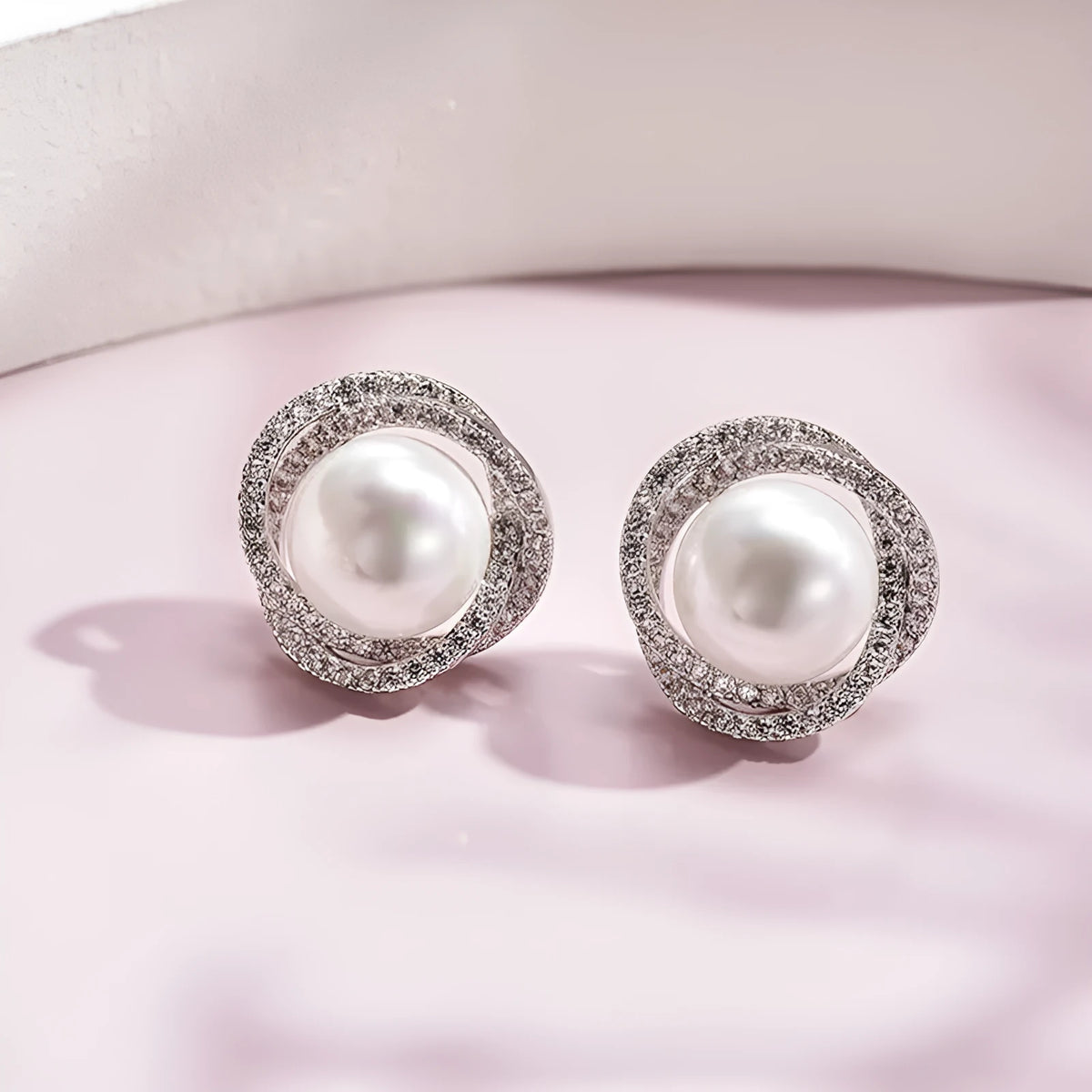 Rose pearl stud earrings with silver needle, rhinestone inlay, copper geometric circle design, white or yellow gold colour.