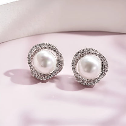 Rose pearl stud earrings with silver needle, rhinestone inlay, copper geometric circle design, white or yellow gold colour.