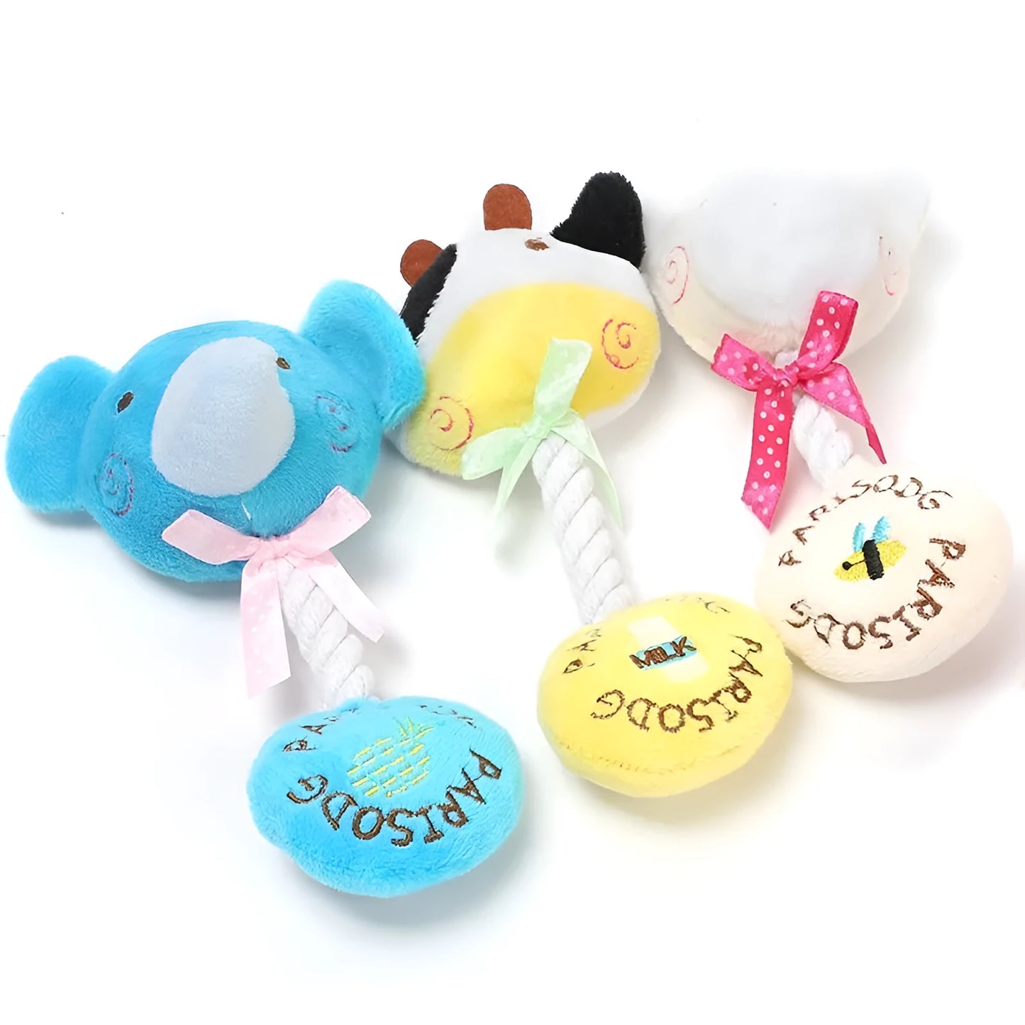 Plush dog toy with rope and sound in frog, elephant, cow, or bear designs