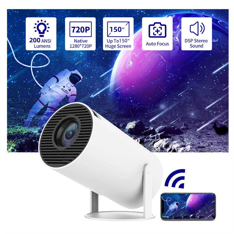 Compact home theater projector with 180-degree projection angle, automatic focus, and 4K video support for immersive entertainment experience