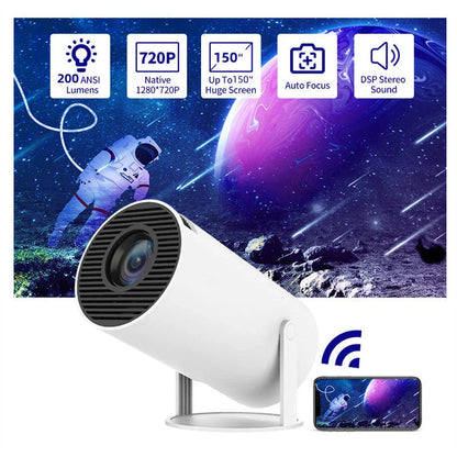 Compact home theater projector with 180-degree projection angle, automatic focus, and 4K video support for immersive entertainment experience