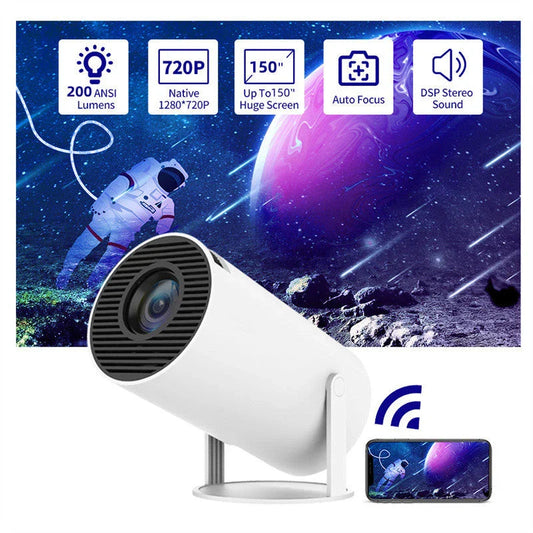 Compact home theater projector with 180-degree projection angle, automatic focus, and 4K video support for immersive entertainment experience