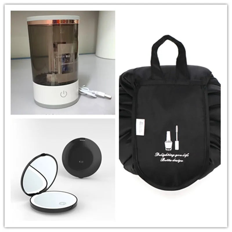 Grey and white portable electric makeup brush cleaner with USB charging cable.