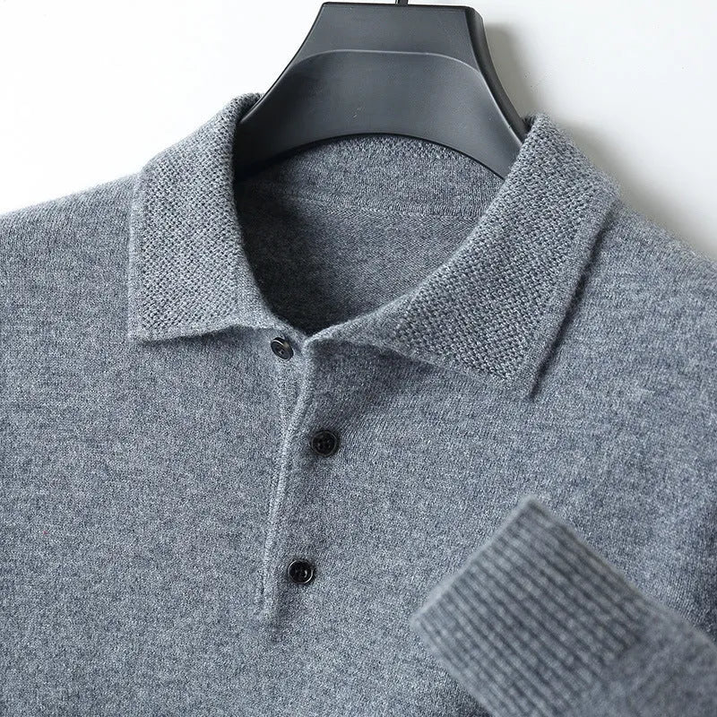 Men's wool sweater with a polo collar and long sleeves, shown in one of seven available colours.