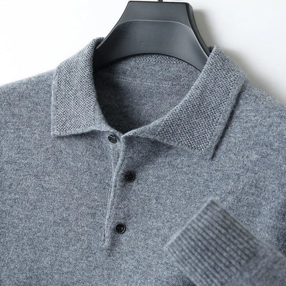 Men's wool sweater with a polo collar and long sleeves, shown in one of seven available colours.