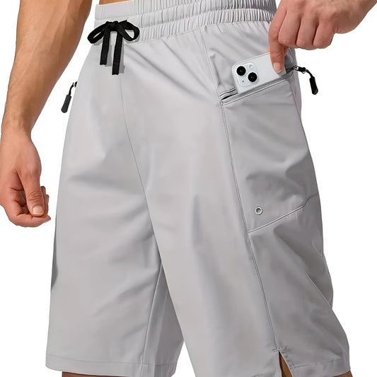 Men's solid-colour quick-drying beach shorts in a straight-leg style on a neutral background.