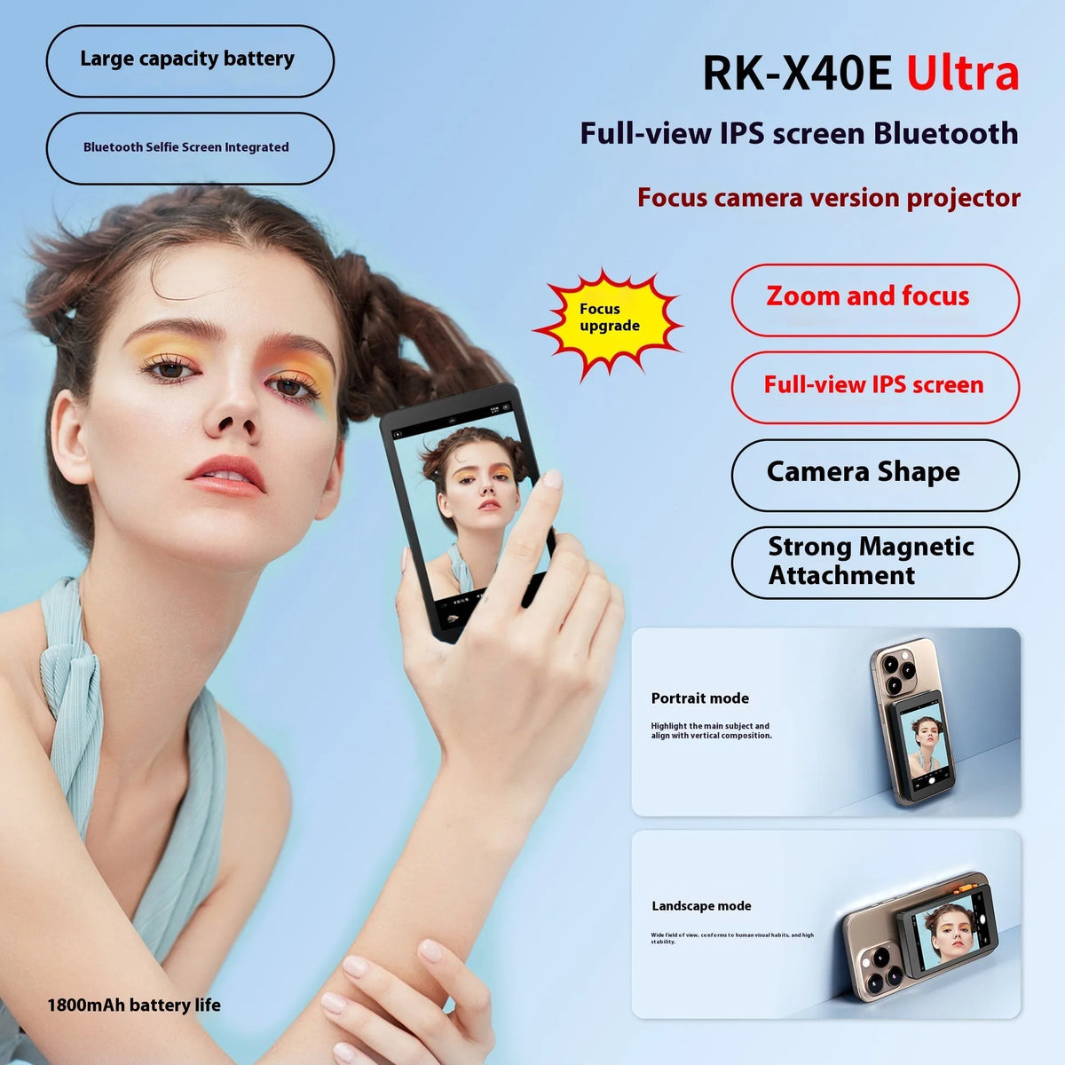 4-inch wireless selfie multi-monitoring device with magnetic mount, plastic body, black and white options.