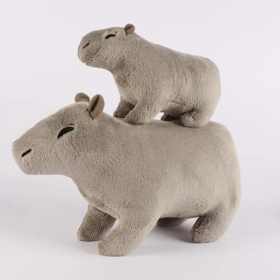 Capybara plush toy with super soft short plush fabric in blue, grey, pink, and brown colour options