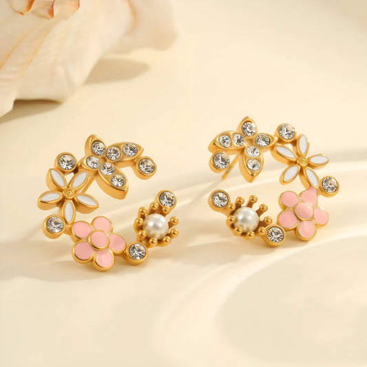 Stainless steel flower stud earrings with 18K gold electroplating and colourful diamond oil pendant