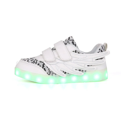 Children's LED light-up sneakers with USB charging port, available in plum red and white colours