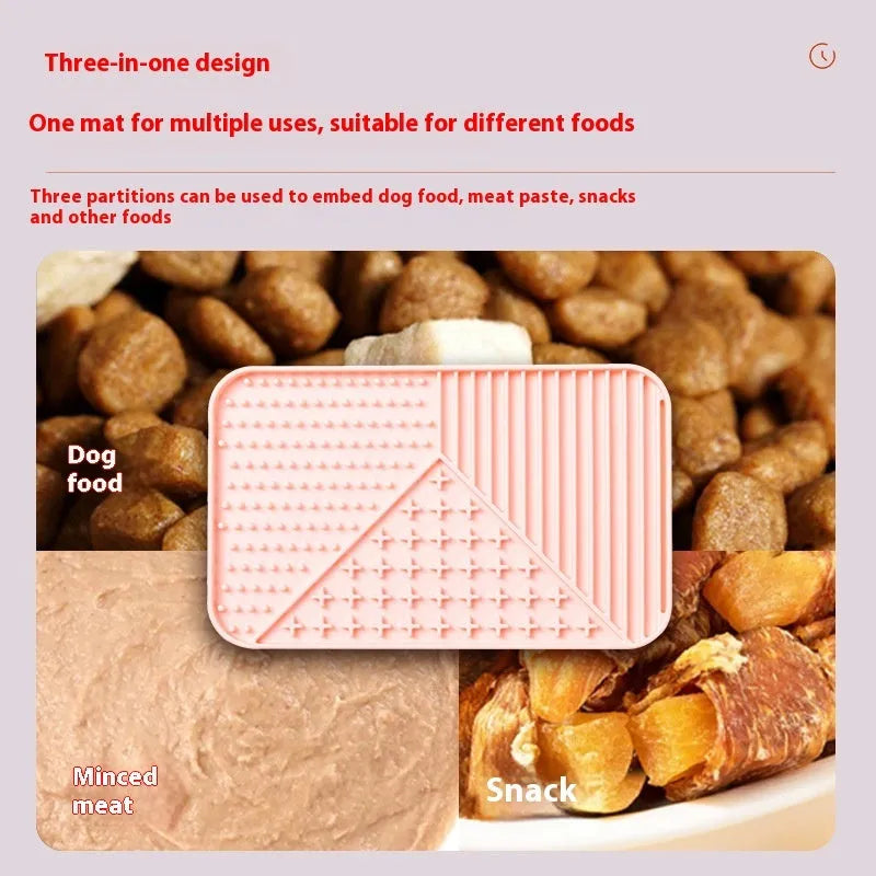 Pet licking mat silicone suction cup slow food feeder anti-choke dog cat placemat with non-slip base for lickable treats, wet food, and enrichment feeding in pink, grey, or khaki colours