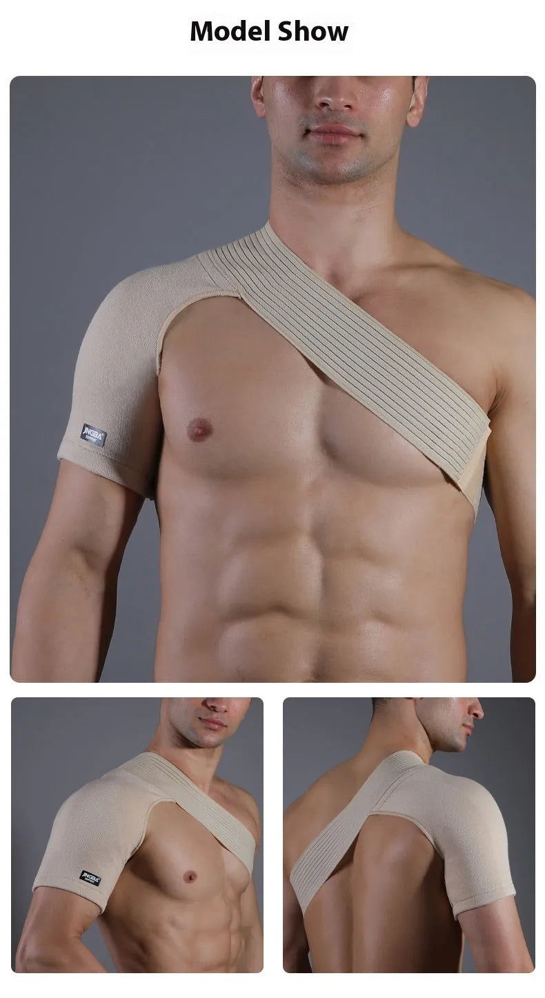 Adjustable skin-colour one-shoulder sports protective strap for weightlifting and running.