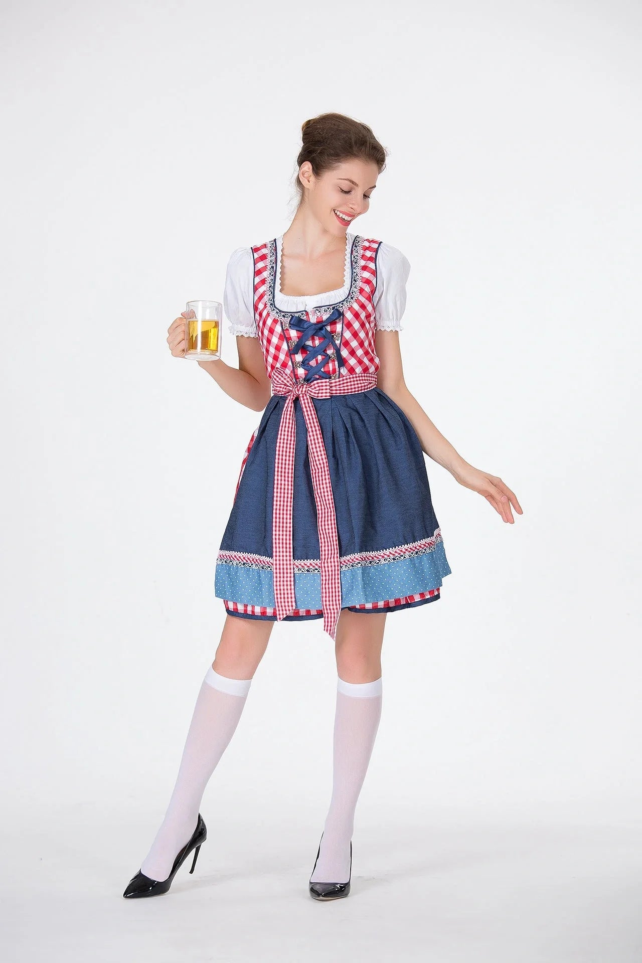 Bavarian Traditional Beer Dress in red with cotton blend fabric, includes top, skirt, and apron