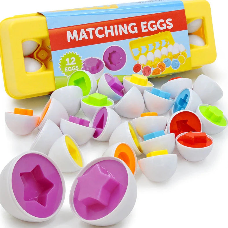 Educational shape matching egg toy with 12 colourful plastic eggs in storage case