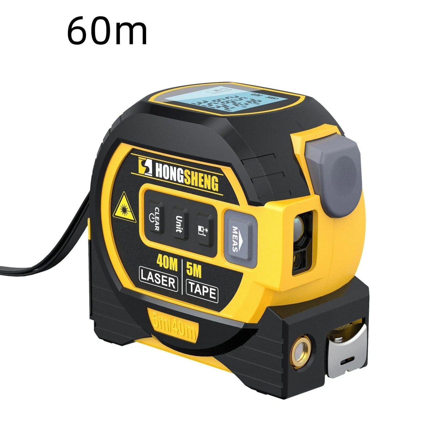Blue 3-in-1 laser tape measure showing 5m tape extended and 60m infrared beam for construction ranging