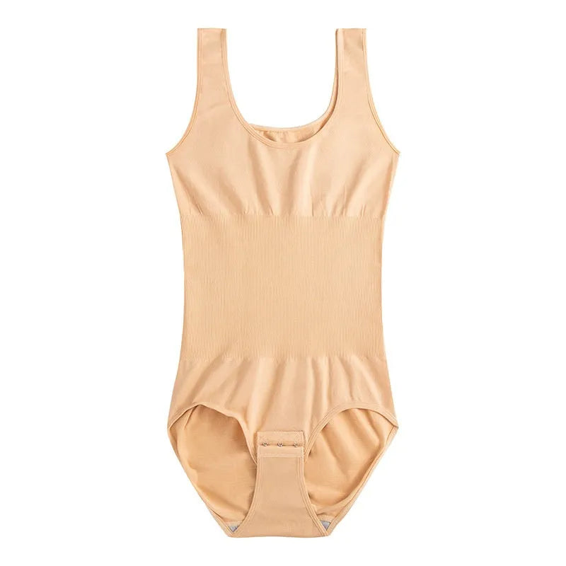 Women's seamless one-piece nylon bodysuit for waist support and body sculpting, shown in apricot colour.