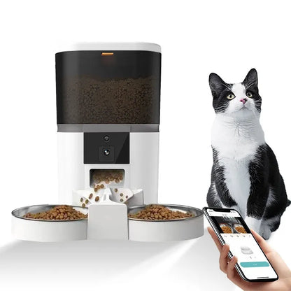 Automatic pet feeder for cats and dogs, 4L or 6L double feeding, white or black plastic with feeding dish