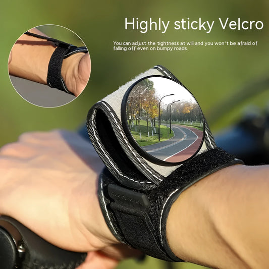 Black nylon wrist-mounted bicycle rear-view mirror for cyclists