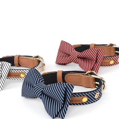Cotton dog collar with detachable bow in Dark Blue, showing optional leather lettering and 2cm wide rope