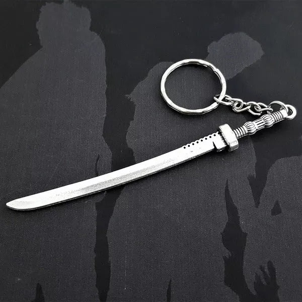 Zombie Katana Keychain with silver electroplated alloy design inspired by samurai swords