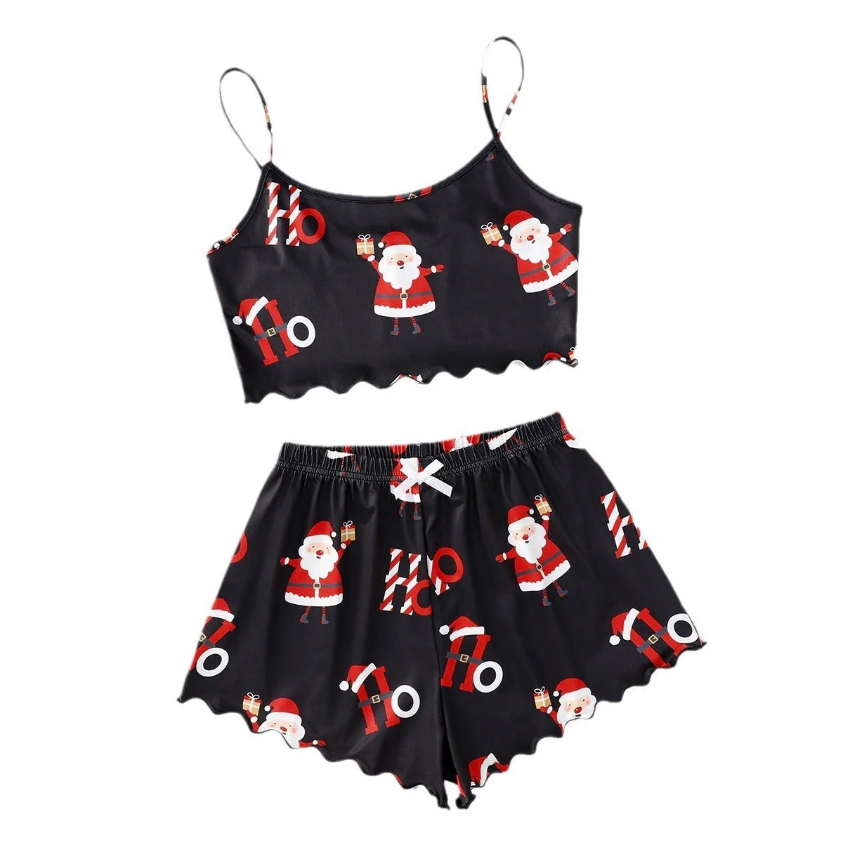 Christmas Women's Milk Silk Pajamas Set with Sleeveless Shorts in festive designs