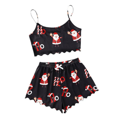Christmas Women's Milk Silk Pajamas Set with Sleeveless Shorts in festive designs