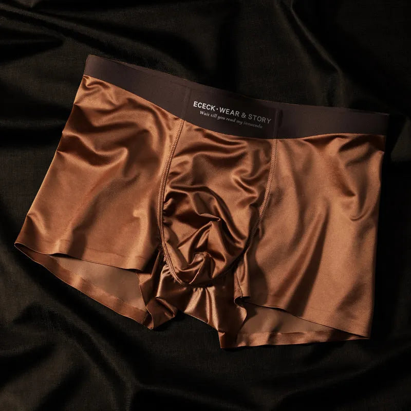Men's colourblock Ice Silk seamless underwear in blue, brown, gray, and white on a size chart.