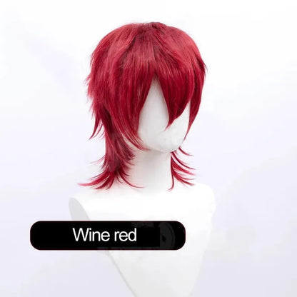 Short black anime-style cosplay wig for men with a lengthened hair tail, made from synthetic fibre.